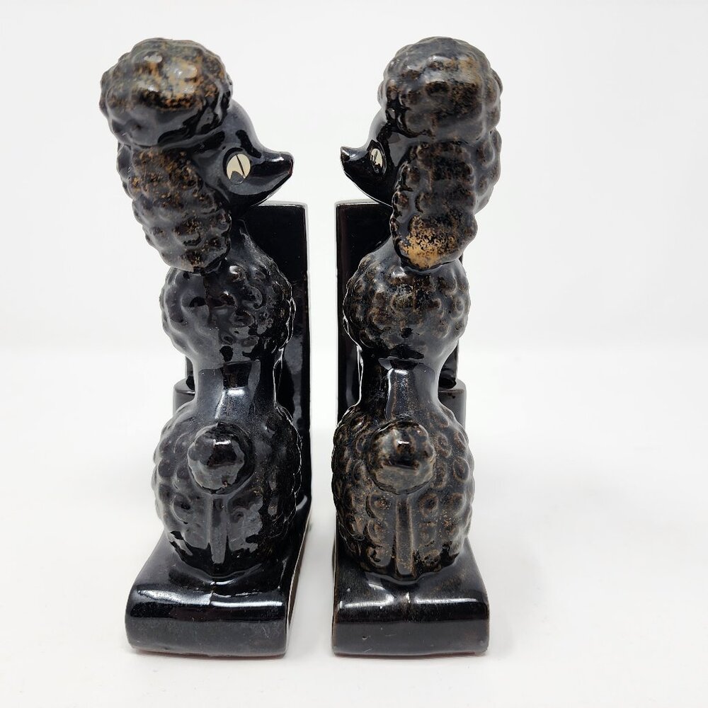 Vtg MCM Japan Redware Ceramic 6" Black & Gold Poodle Dog Bookends Pen Holders - Picture 11 of 11